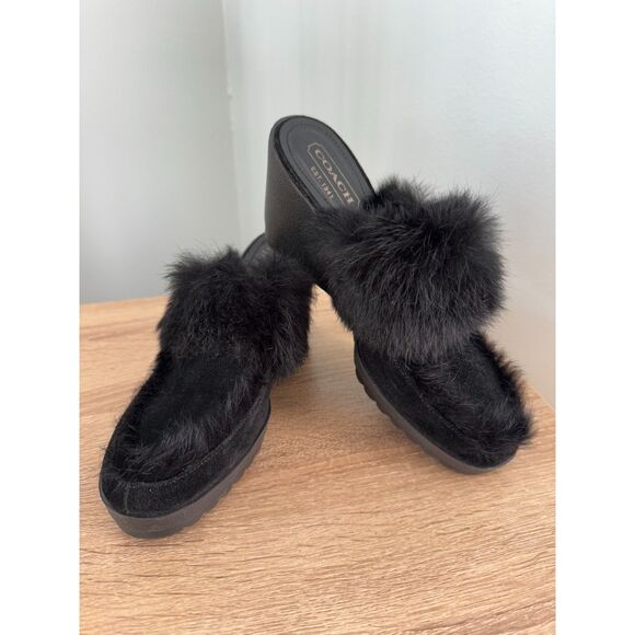 Coach Kaela Black Rabbit Fur Heeled Platform Mule Wedges Clogs Shoes 6 B - Picture 1 of 11